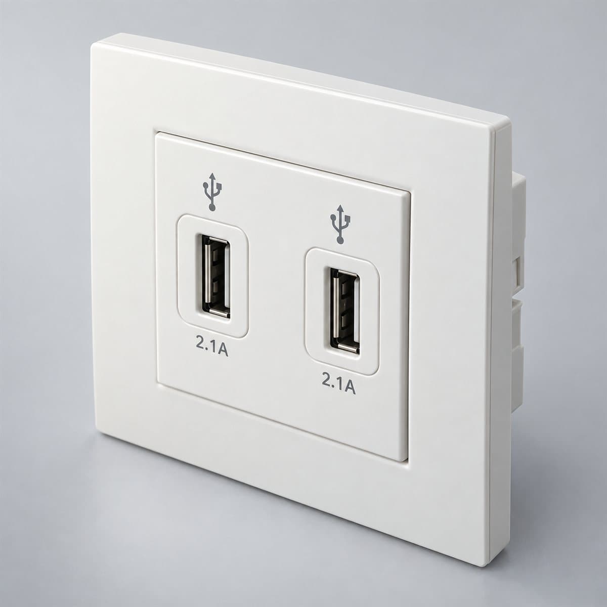 Ổ sạc USB đôi Vivace Schneider chụp góc nghiêng 3/4, thấy rõ mặt và cạnh bên