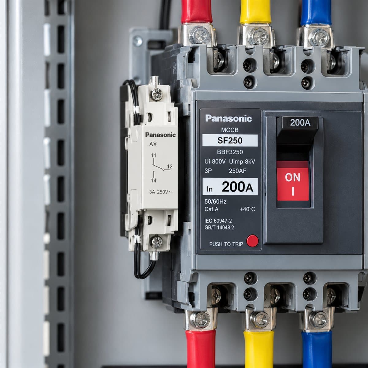 Tiếp điểm phụ báo tín hiệu, bên trái MCCB SF Panasonic đã lắp đặt trong nhà