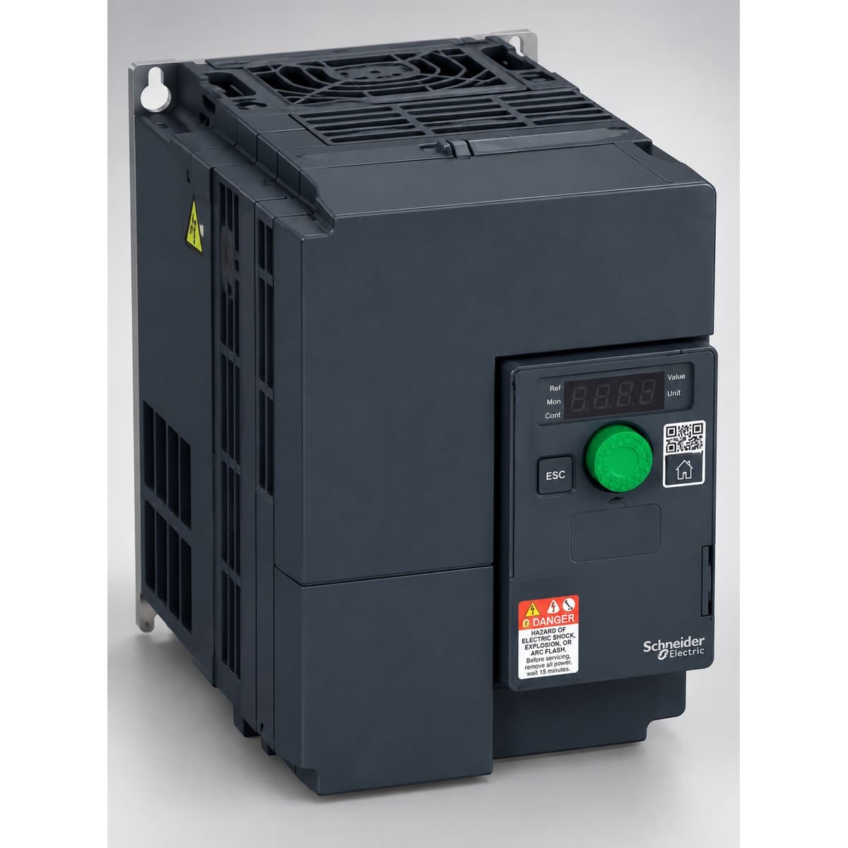 Biến tần Altivar Machine ATV320 Schneider chụp góc nghiêng 3/4, thấy rõ mặt và cạnh bên