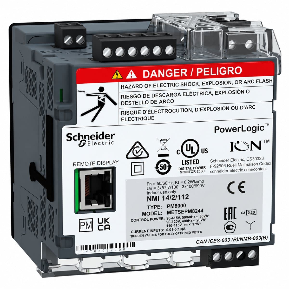 Đồng hồ chất lượng điện PM8244 lắp ray, màn hình rời Schneider trên nền trắng, ảnh sản phẩm chính diện