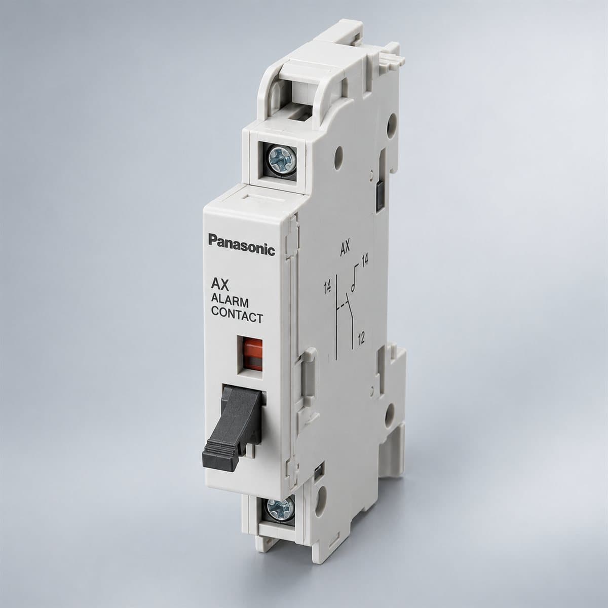 Tiếp điểm phụ báo trạng thái, bên phải MCCB SF Panasonic chụp góc nghiêng 3/4, thấy rõ mặt và cạnh bên