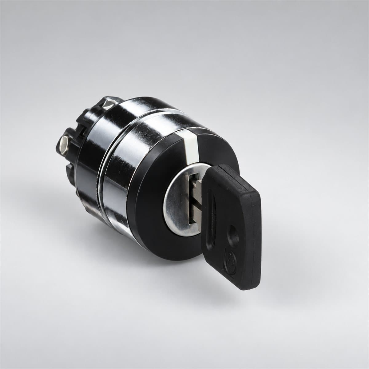 Đầu công tắc chìa khoá Harmony XB4 Schneider chụp góc nghiêng 3/4, thấy rõ mặt và cạnh bên