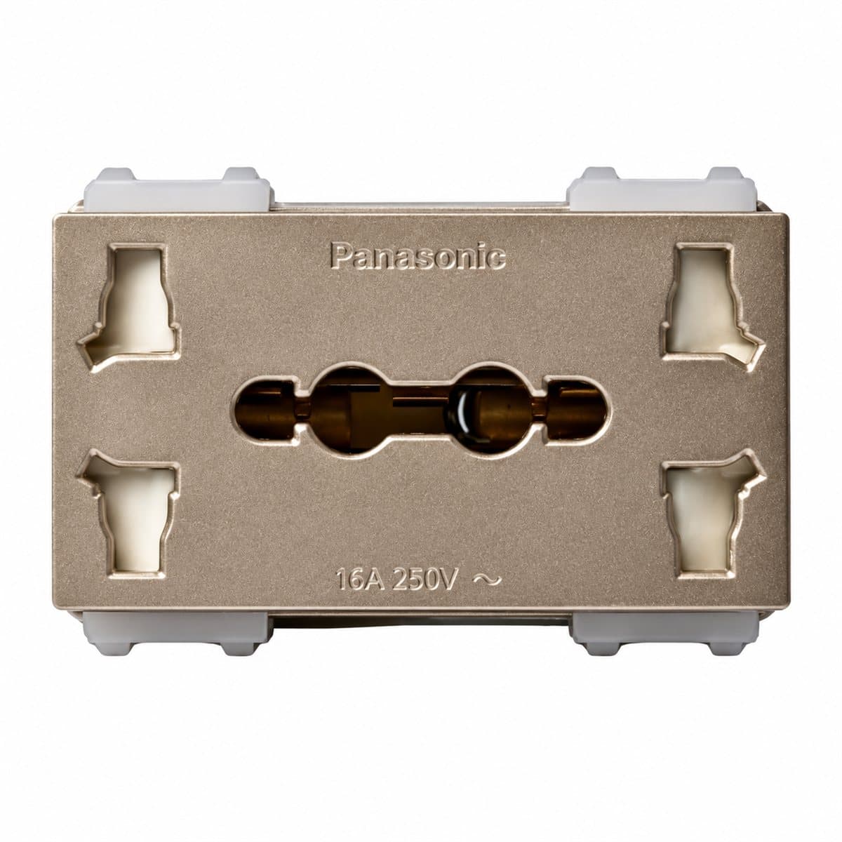 Ổ cắm đôi đa năng có màn che, bắt vít Halumie Panasonic trên nền trắng, ảnh sản phẩm chính diện