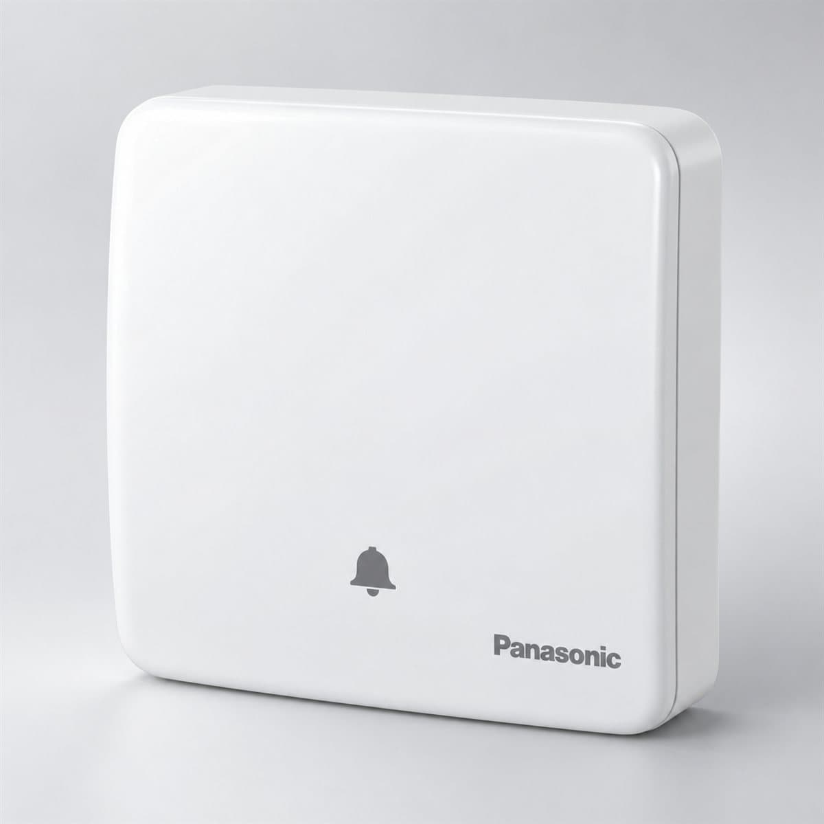 Nút nhấn chuông Minerva Panasonic chụp góc nghiêng 3/4, thấy rõ mặt và cạnh bên