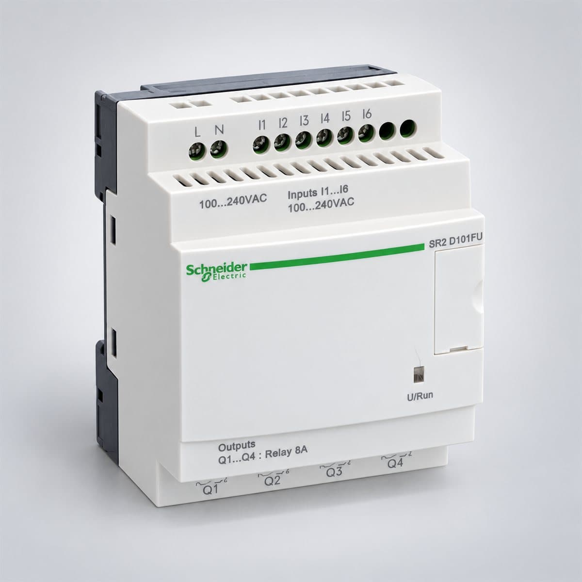 Rơ le thông minh Zelio Logic Compact, không màn hình Schneider chụp góc nghiêng 3/4, thấy rõ mặt và cạnh bên