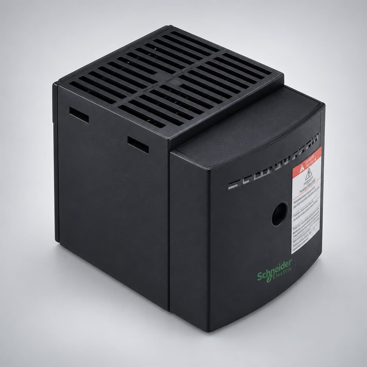 Điện trở sưởi tủ điện Schneider chụp góc nghiêng 3/4, thấy rõ mặt và cạnh bên