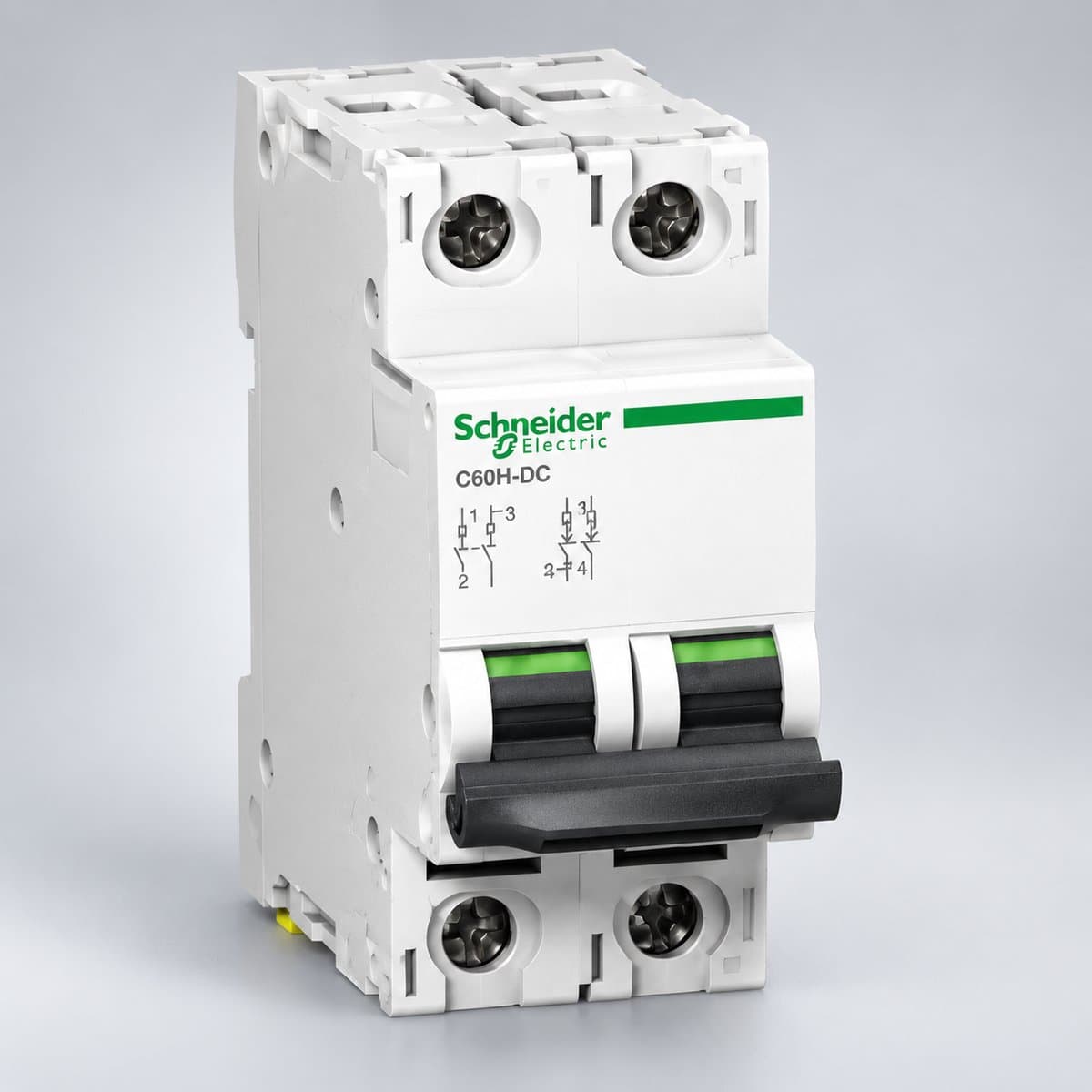 Cầu dao tự động Acti9 - C60H DC Schneider chụp góc nghiêng 3/4, thấy rõ mặt và cạnh bên