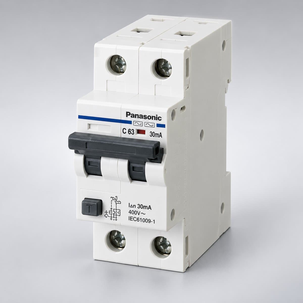 Cầu dao RCBO và RCCB chống rò Panasonic chụp góc nghiêng 3/4, thấy rõ mặt và cạnh bên