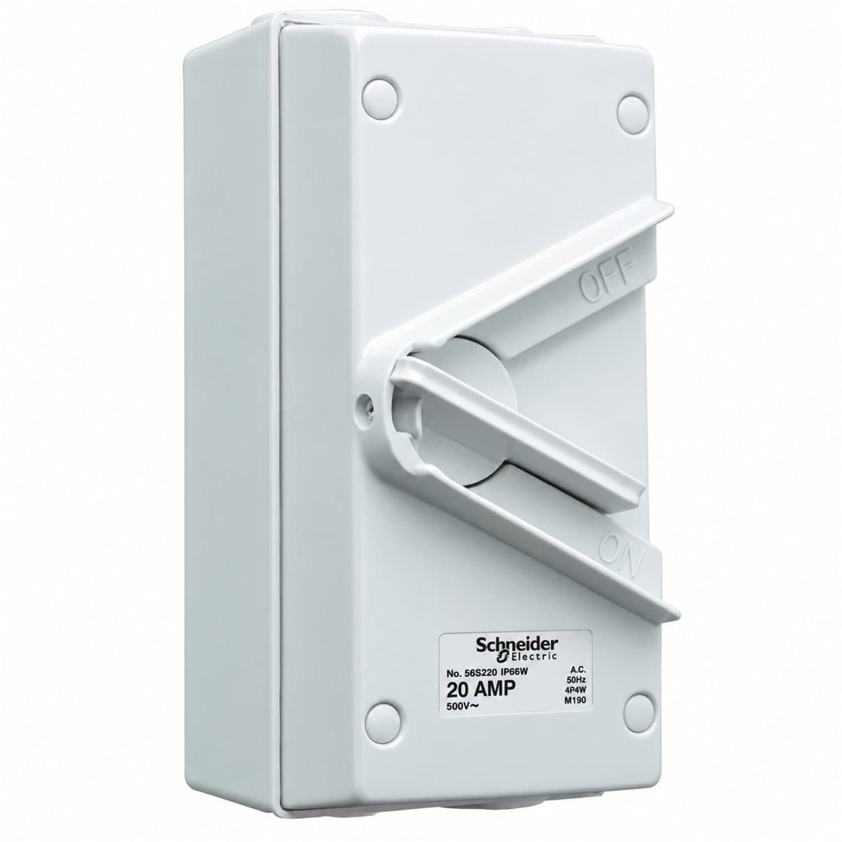 Cầu dao cách ly chống nước S56 Schneider trên nền trắng, ảnh sản phẩm chính diện