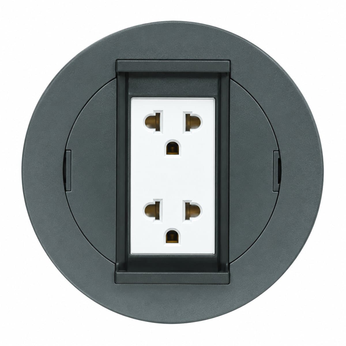Bộ ổ cắm âm sàn 2 ổ cắm có dây nối đất Panasonic trên nền trắng, ảnh sản phẩm chính diện