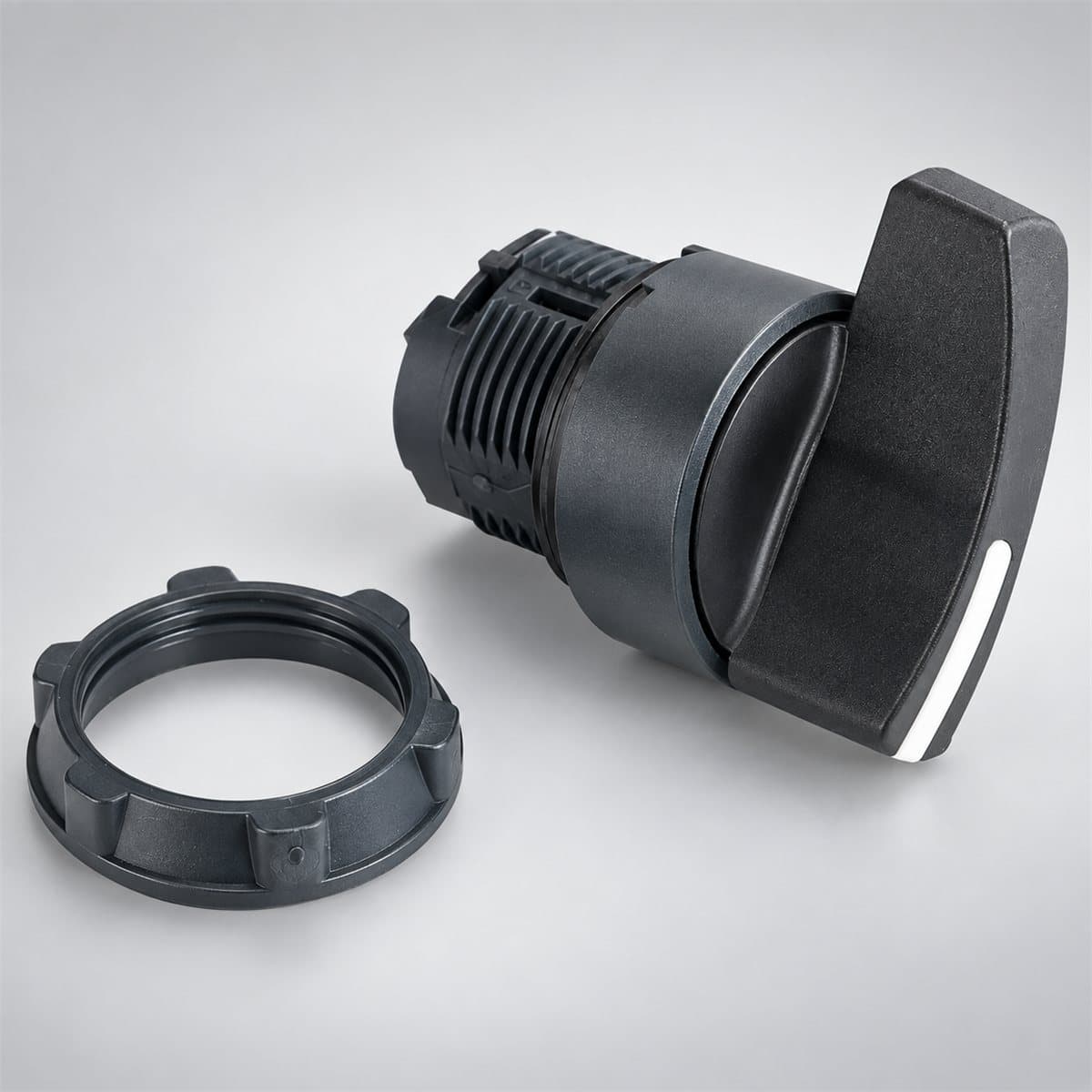 Đầu công tắc xoay tay nắm dài (lắp ráp) Harmony XB5 Ø22 Schneider chụp góc nghiêng 3/4, thấy rõ mặt và cạnh bên