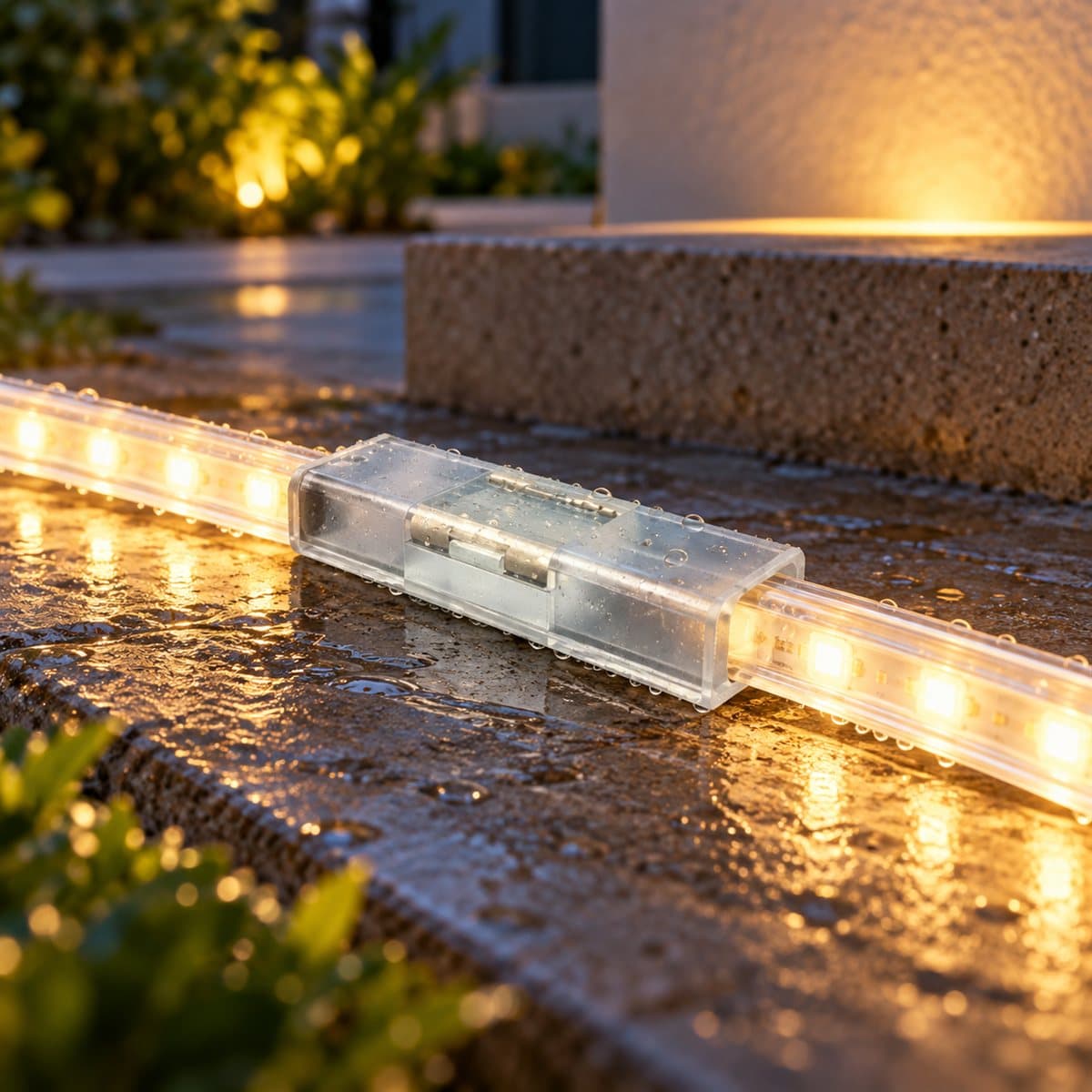 Chân cắm nối nguồn LED dây ngoài trời Panasonic đã lắp đặt, đang chiếu sáng