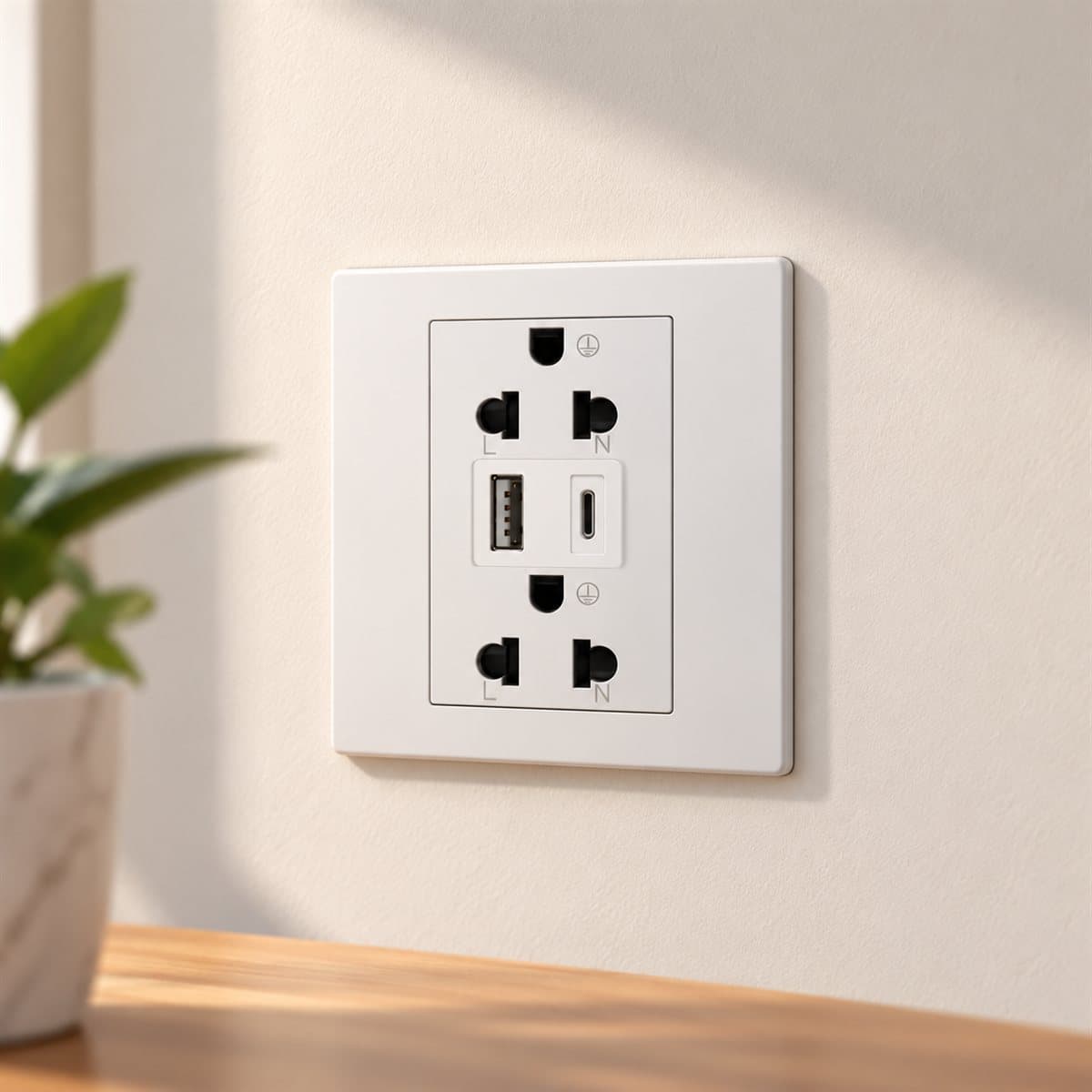 Ổ cắm đôi 3 chấu và ổ sạc USB Type A + Type C Mallia Senses Legrand đã lắp đặt trong nhà