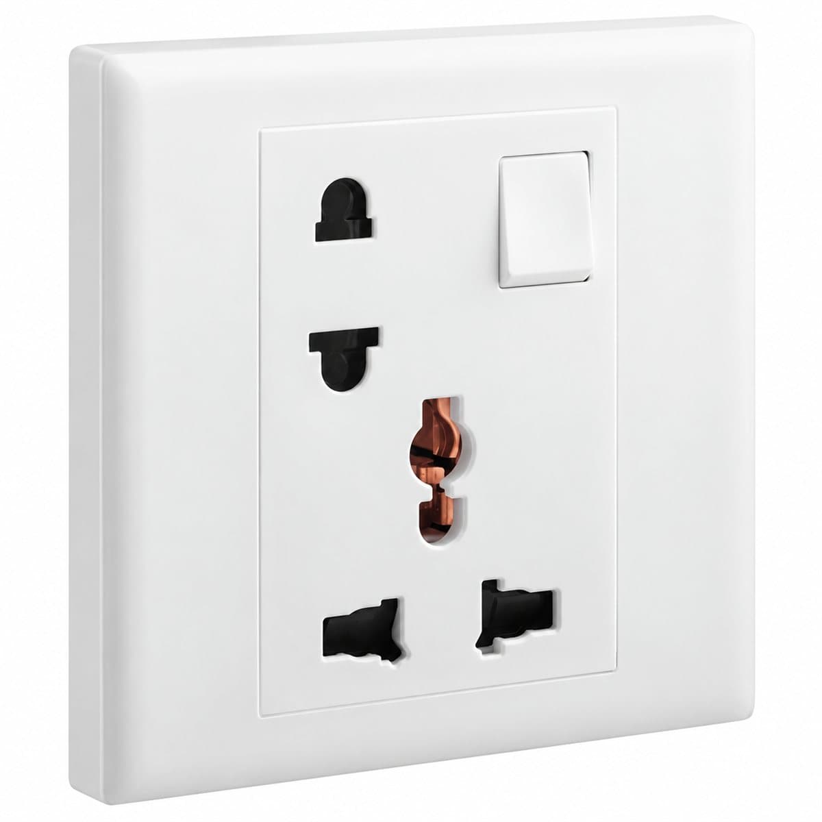 Ổ cắm 2 chấu, đa năng, có công tắc Eloé Legrand trên nền trắng, ảnh sản phẩm chính diện
