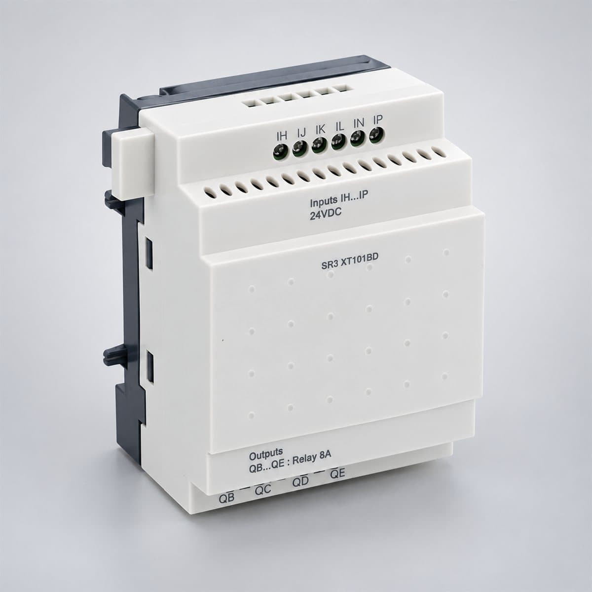 Mô-đun mở rộng I/O Zelio Logic SR3 Schneider chụp góc nghiêng 3/4, thấy rõ mặt và cạnh bên