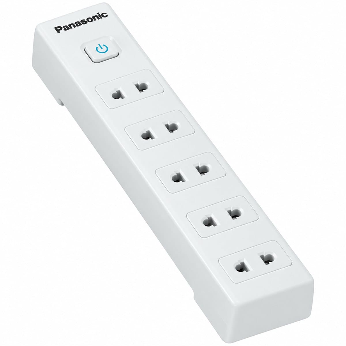 Ổ cắm có dây 5 ổ 2 chấu + công tắc Panasonic trên nền trắng, ảnh sản phẩm chính diện
