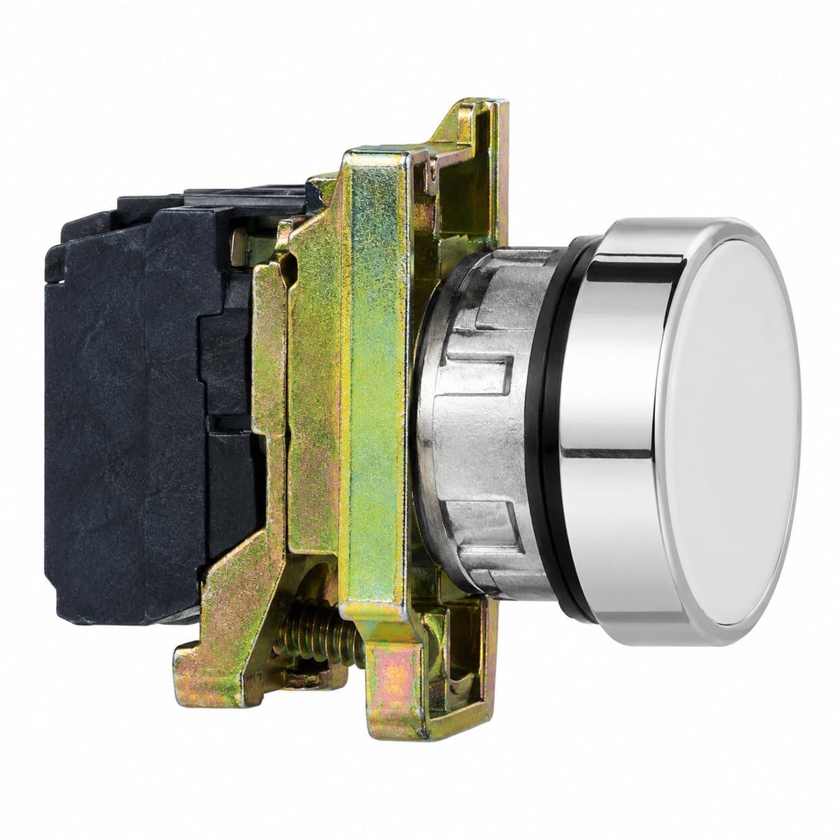 Đầu nút nhấn phẳng Harmony XB4 Schneider trên nền trắng, ảnh sản phẩm chính diện
