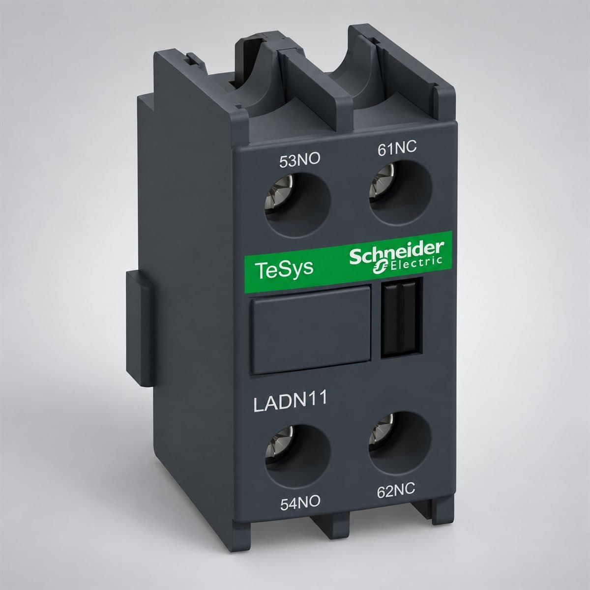Khối tiếp điểm phụ gắn trước TeSys LADN Schneider chụp góc nghiêng 3/4, thấy rõ mặt và cạnh bên