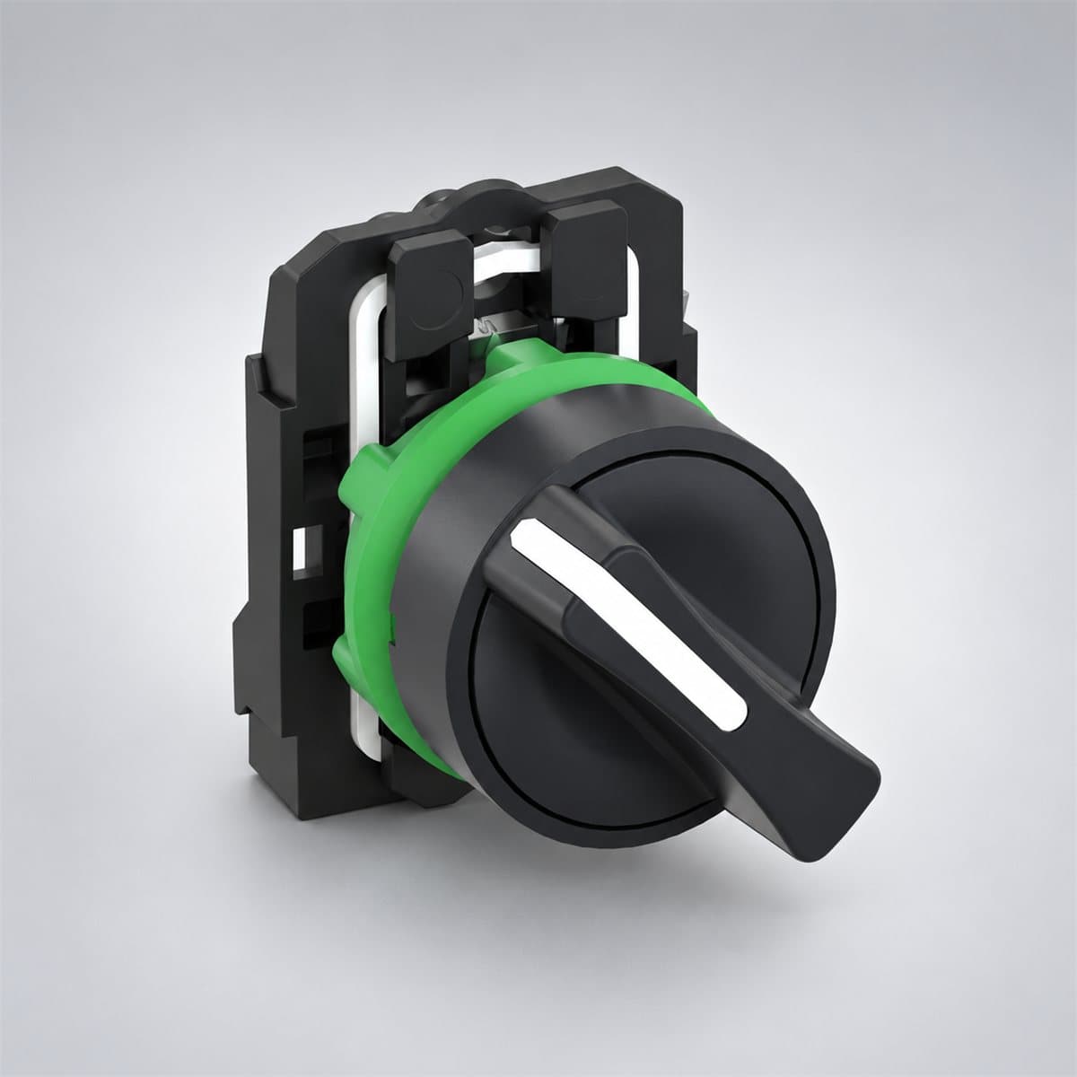 Công tắc xoay tay nắm chuẩn, trọn bộ Harmony XB5 Ø22 Schneider chụp góc nghiêng 3/4, thấy rõ mặt và cạnh bên