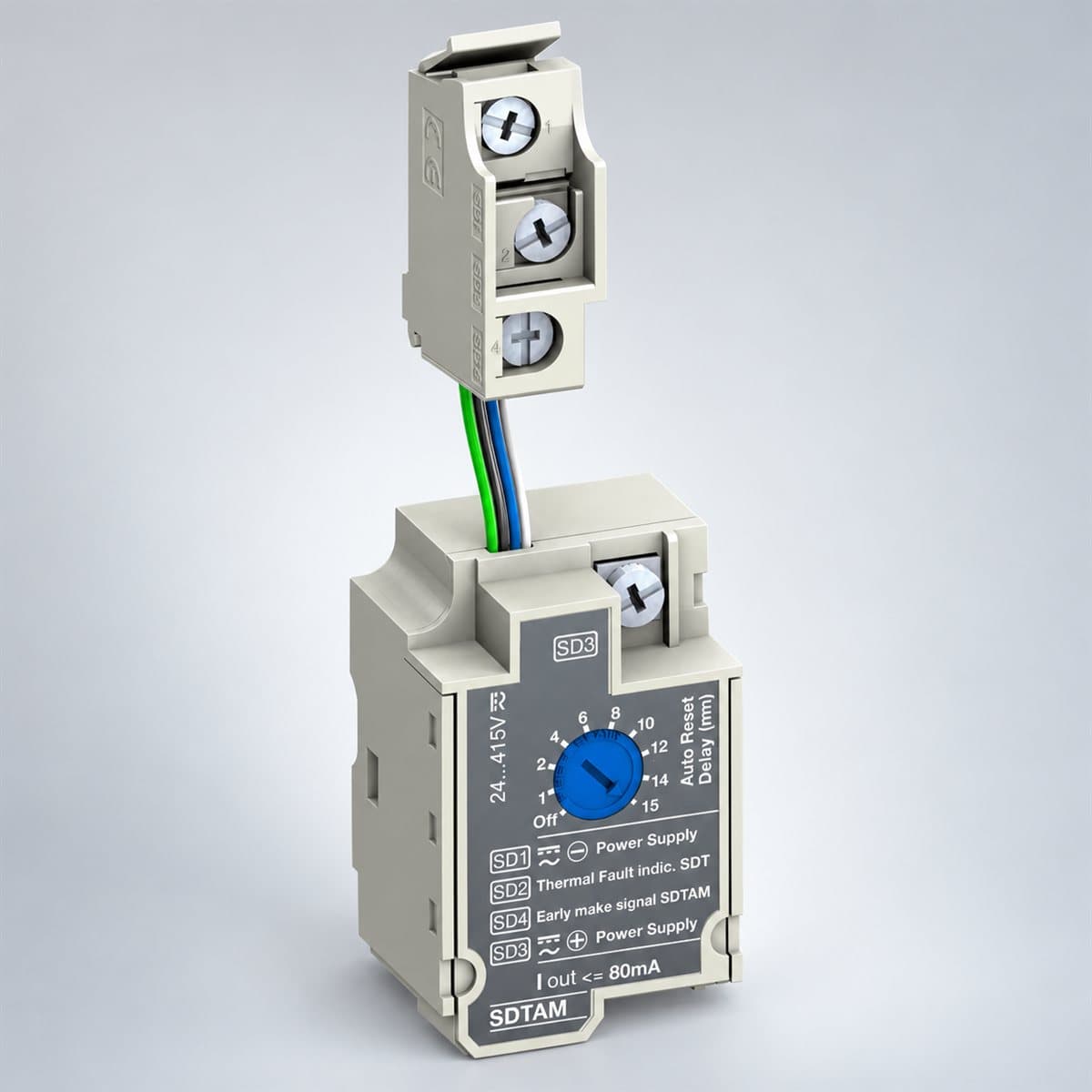 Mô-đun SDTAM cắt contactor cho MCCB ComPacT NSX Schneider chụp góc nghiêng 3/4, thấy rõ mặt và cạnh bên