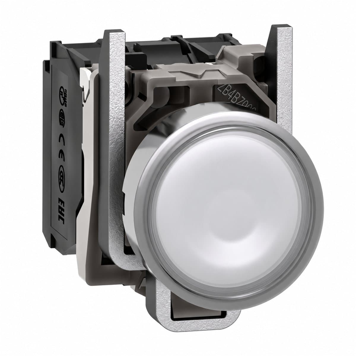 Nút nhấn có đèn trọn bộ Harmony XB4 Ø22 Schneider trên nền trắng, ảnh sản phẩm chính diện