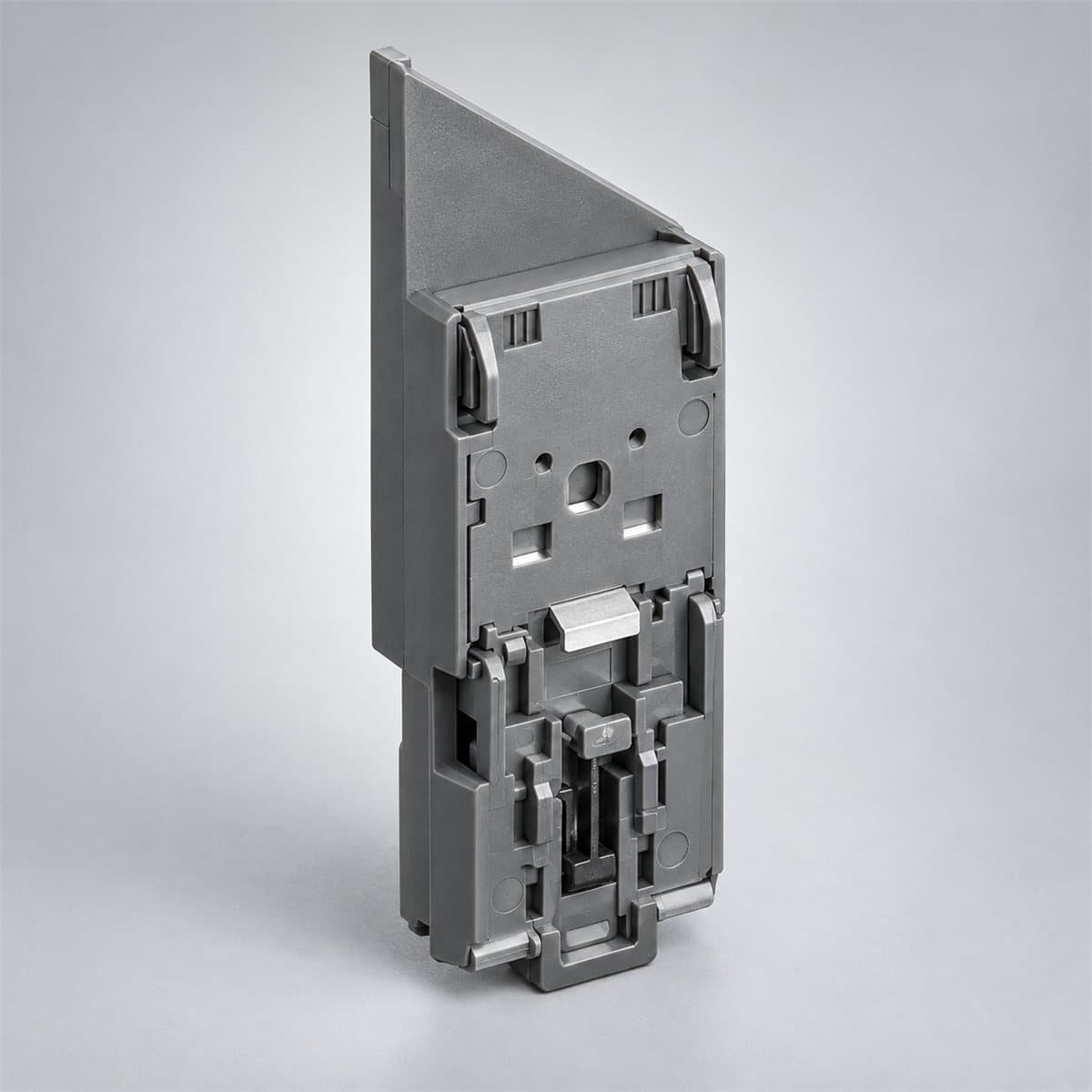 Bộ gá lắp DIN rail cho bộ nguồn Modicon ABLP Schneider chụp góc nghiêng 3/4, thấy rõ mặt và cạnh bên