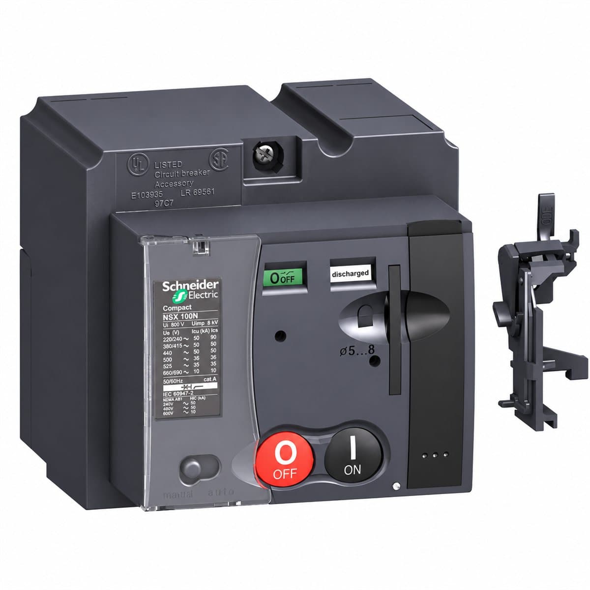 Mô-tơ đóng cắt cho MCCB ComPacT NSX Schneider trên nền trắng, ảnh sản phẩm chính diện