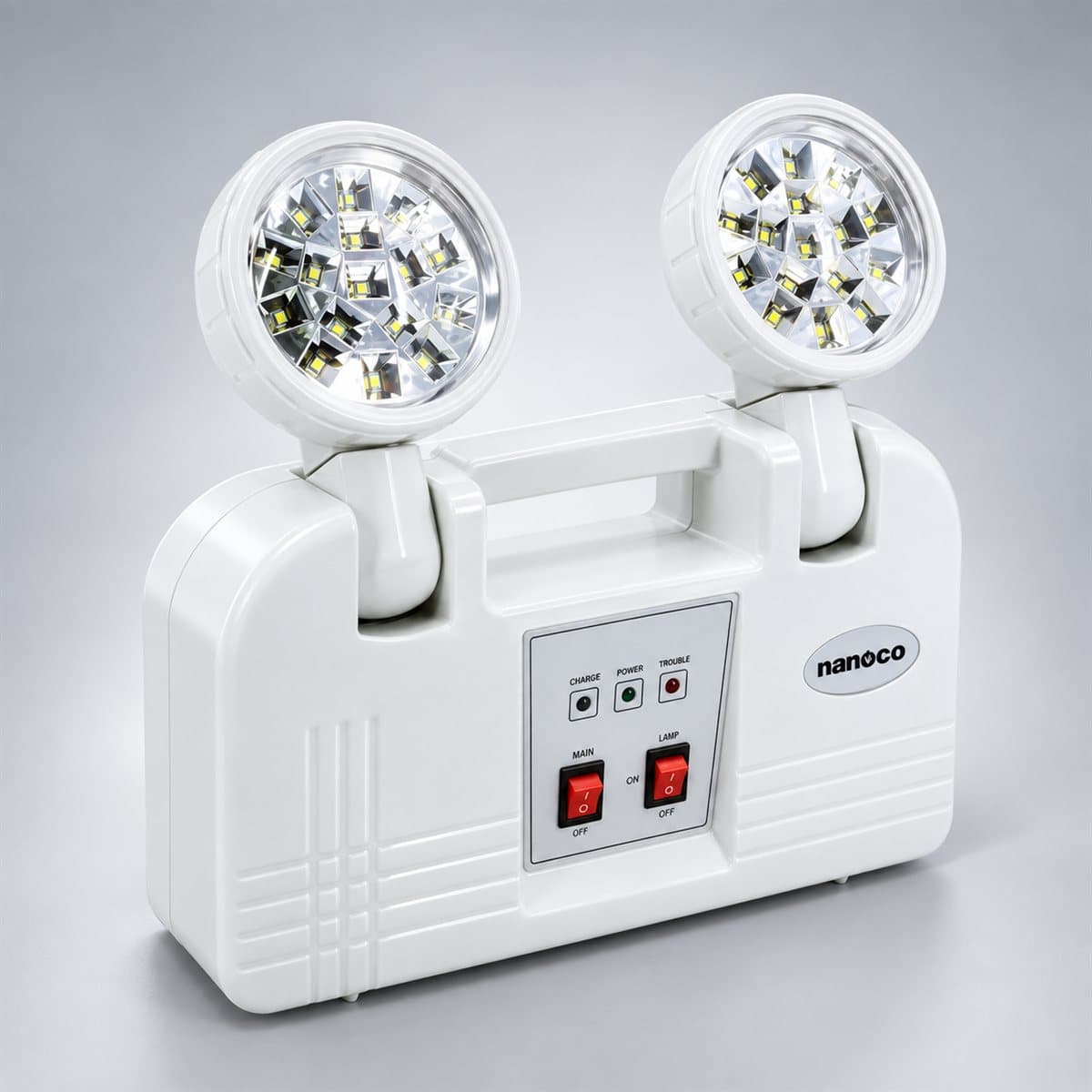 Đèn LED chiếu sáng khẩn cấp Panasonic chụp góc nghiêng 3/4, thấy rõ thân và cạnh bên