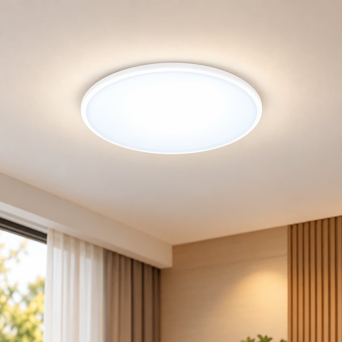 Đèn ốp trần thông minh WiZ SuperSlim 16W đã lắp đặt, đang chiếu sáng