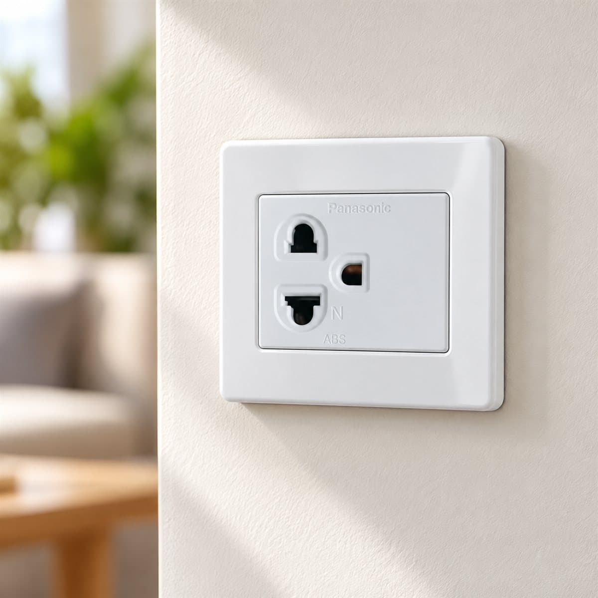 Ổ cắm đơn có màn che và dây nối đất Halumie Panasonic đã lắp đặt trong nhà