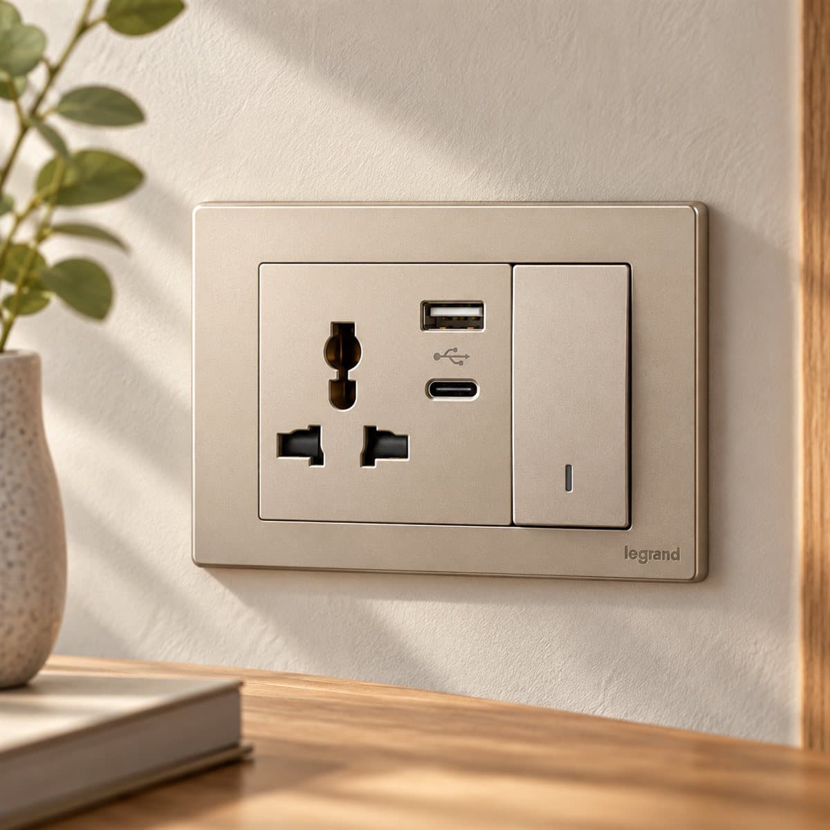 Ổ cắm đa năng có công tắc và ổ sạc USB Type A Obria Legrand đã lắp đặt trong nhà