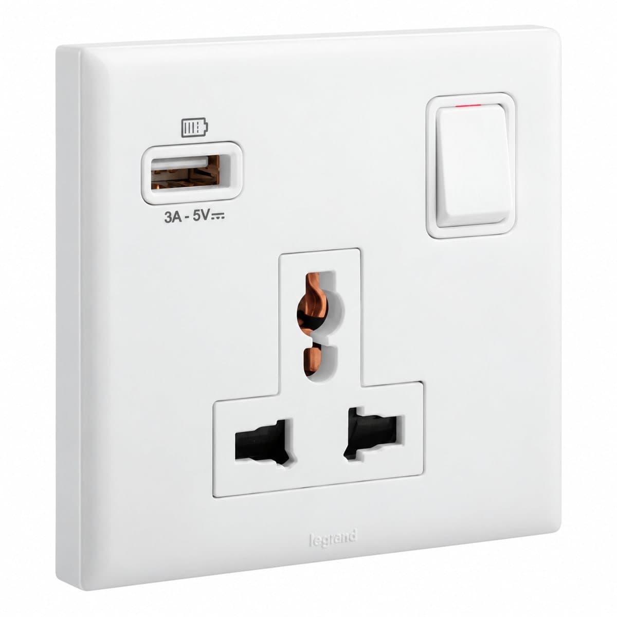 Ổ cắm đa năng có công tắc và ổ sạc USB Type A Eloé Legrand trên nền trắng, ảnh sản phẩm chính diện