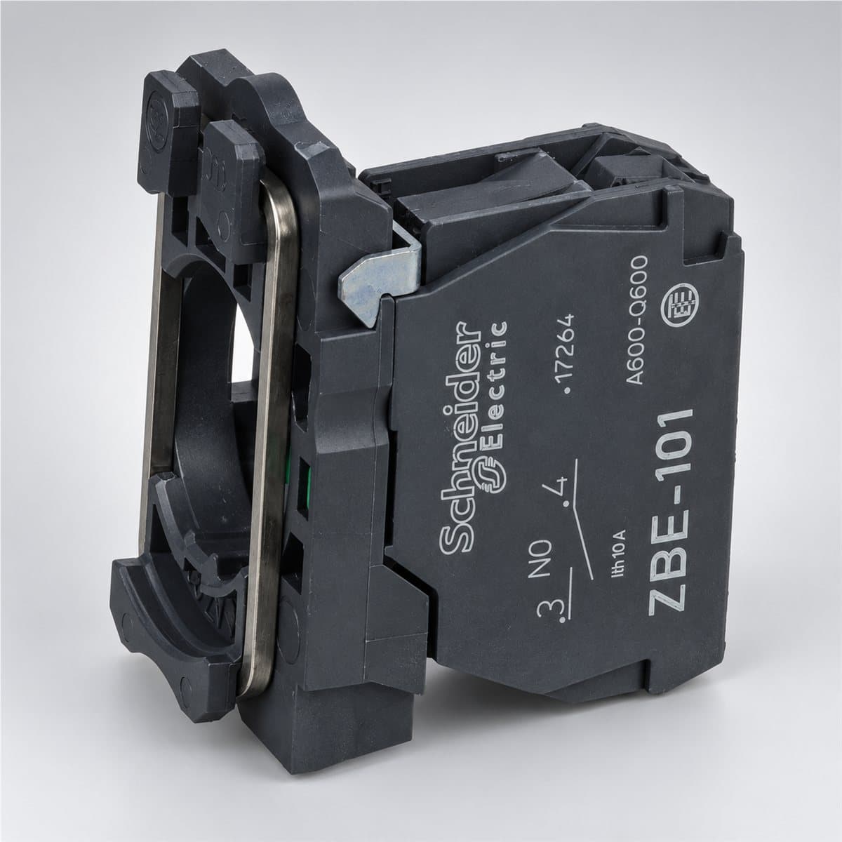 Thân nút nhấn Harmony XB5 Schneider chụp góc nghiêng 3/4, thấy rõ mặt và cạnh bên