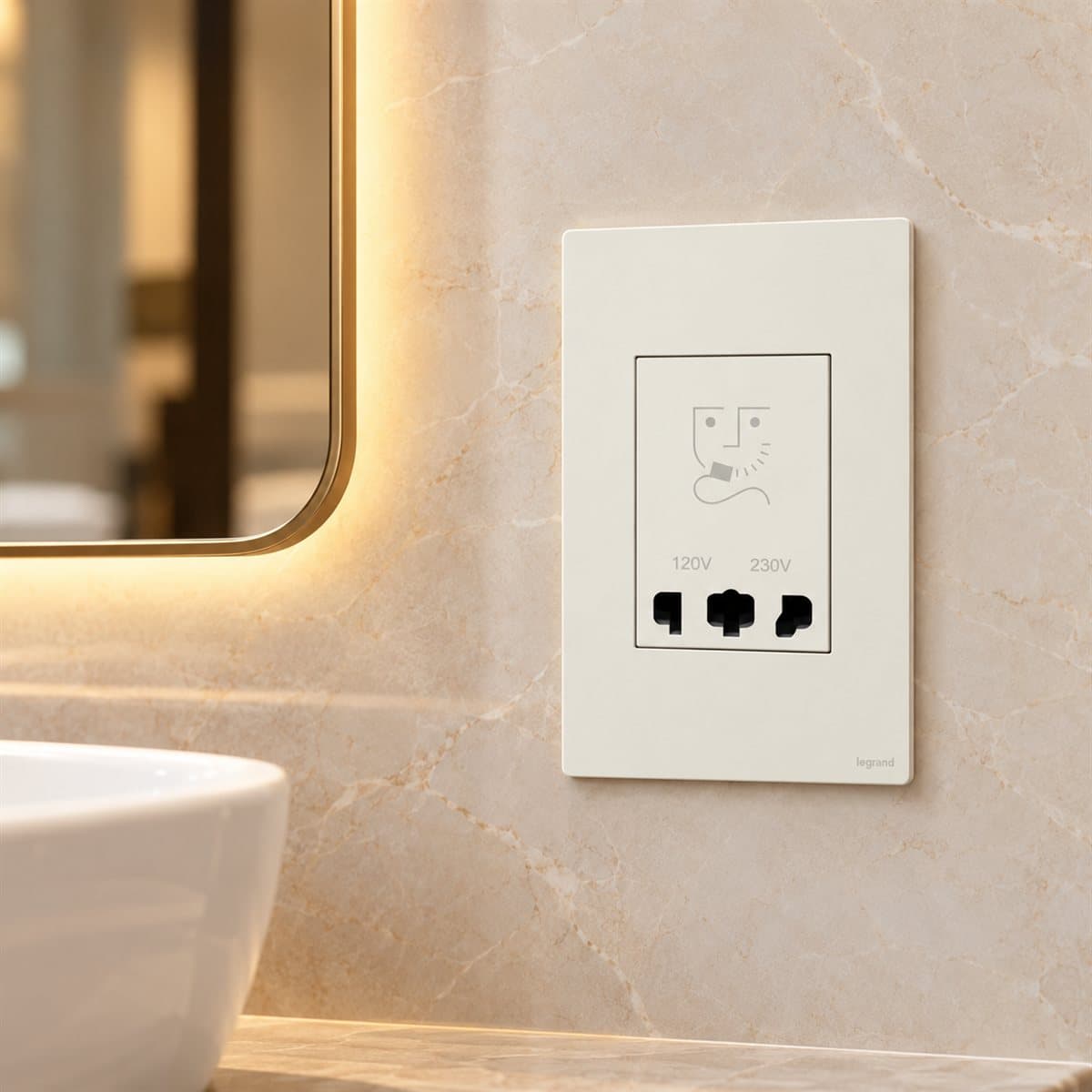 Ổ cắm dao cạo râu Mallia Senses Legrand đã lắp đặt trong nhà