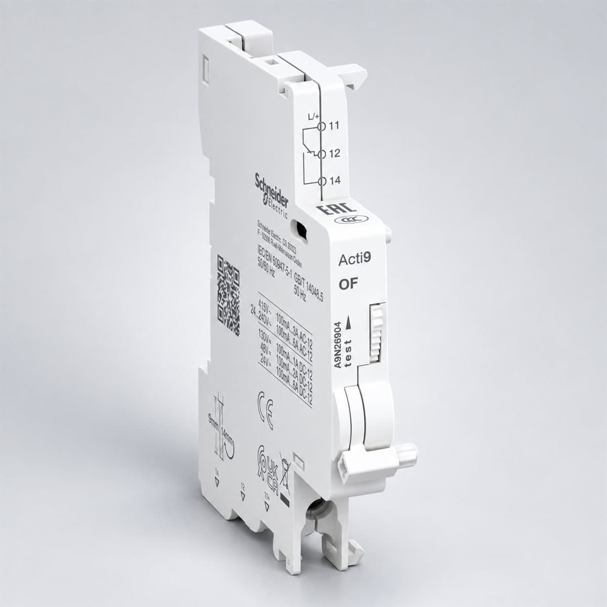 Tiếp điểm phụ & báo lỗi cho Acti9 C60H-DC, C120 Schneider chụp góc nghiêng 3/4, thấy rõ mặt và cạnh bên