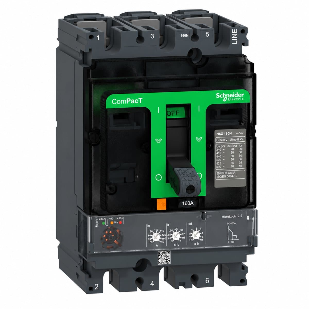 MCCB ComPacT NSX160 N/H cố định Schneider trên nền trắng, ảnh sản phẩm chính diện