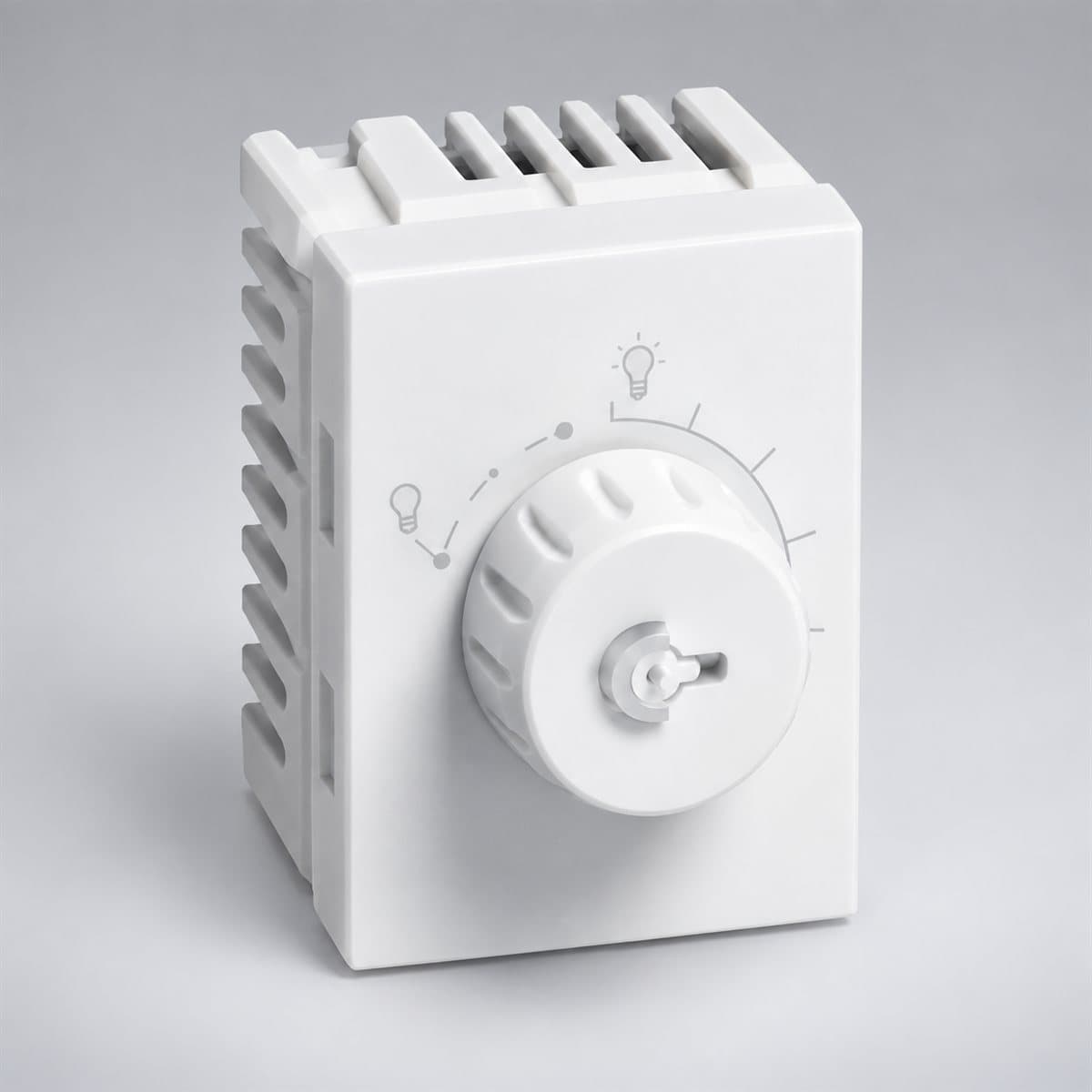 Bộ điều chỉnh độ sáng đèn LED Rivia Legrand chụp góc nghiêng 3/4, thấy rõ mặt và cạnh bên