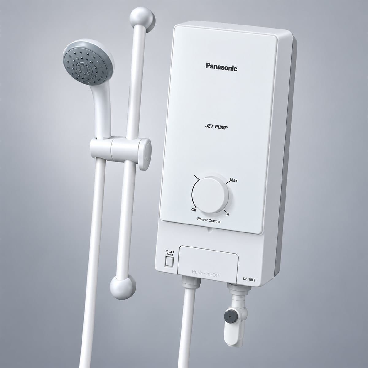 Máy nước nóng trực tiếp dòng tiêu chuẩn Panasonic chụp góc nghiêng 3/4, thấy rõ mặt và cạnh bên
