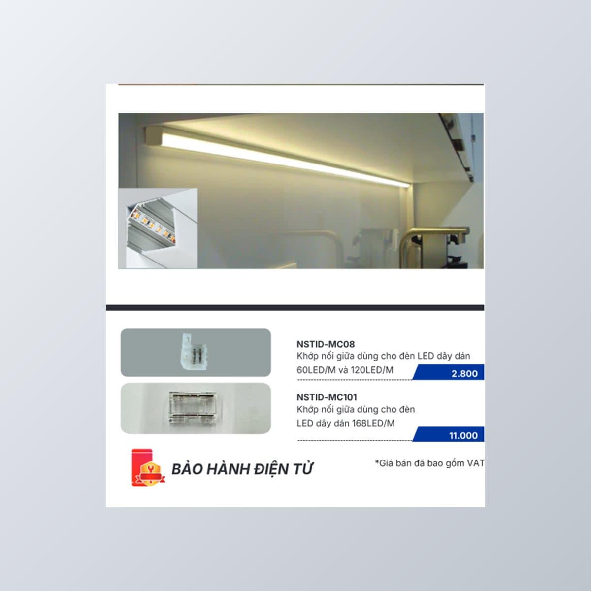 Đèn Khớp nối giữa LED dây Panasonic chụp góc nghiêng 3/4, thấy rõ thân và cạnh bên