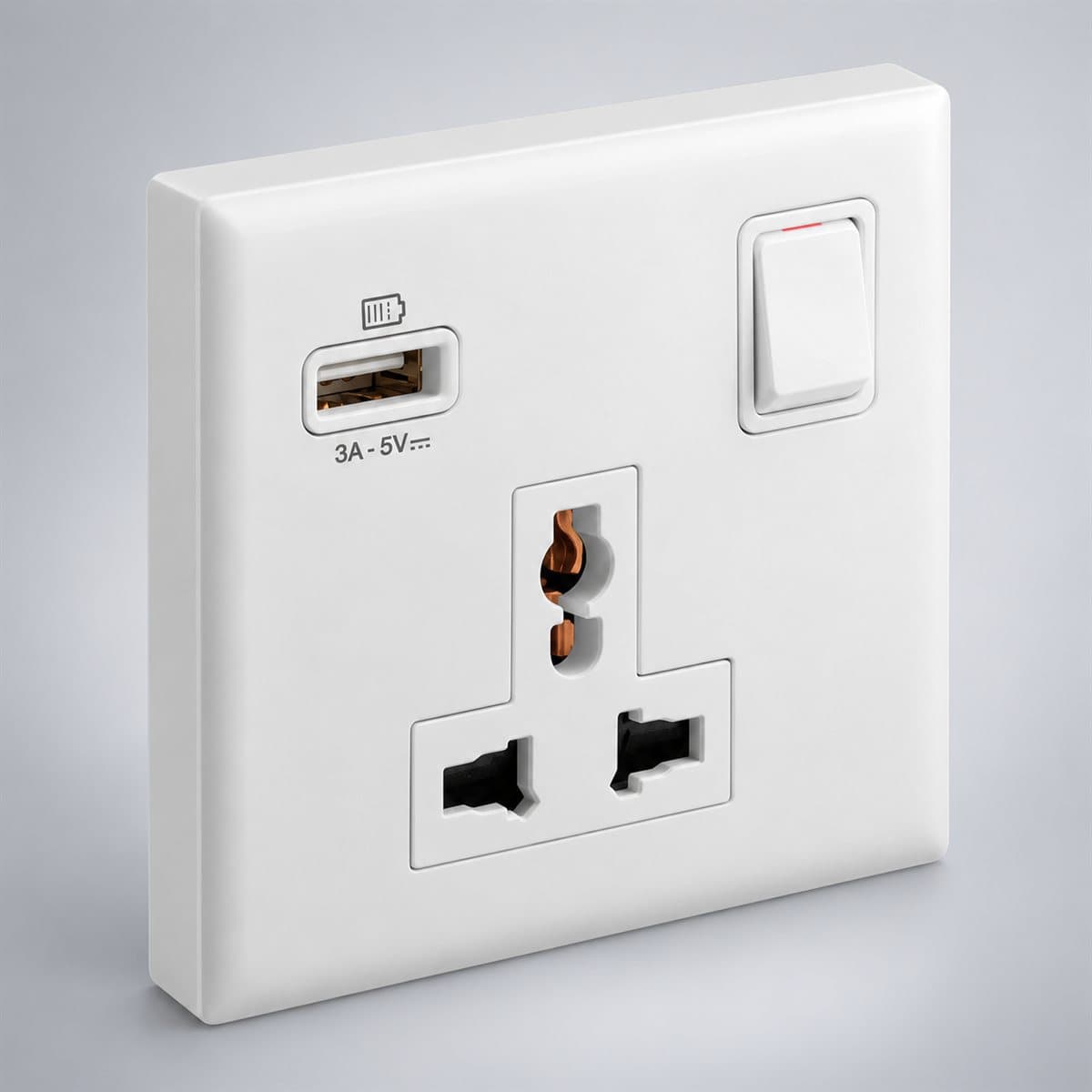 Ổ cắm đa năng có công tắc và ổ sạc USB Type A Eloé Legrand chụp góc nghiêng 3/4, thấy rõ mặt và cạnh bên