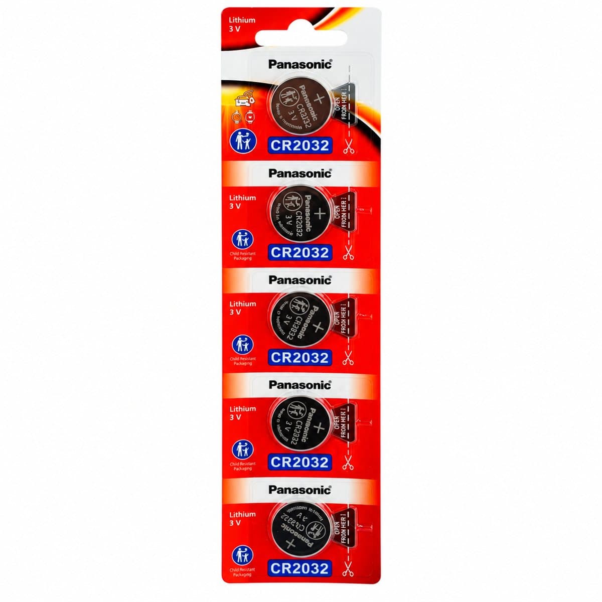 Pin CR2032 3V Panasonic trên nền trắng, ảnh sản phẩm chính diện