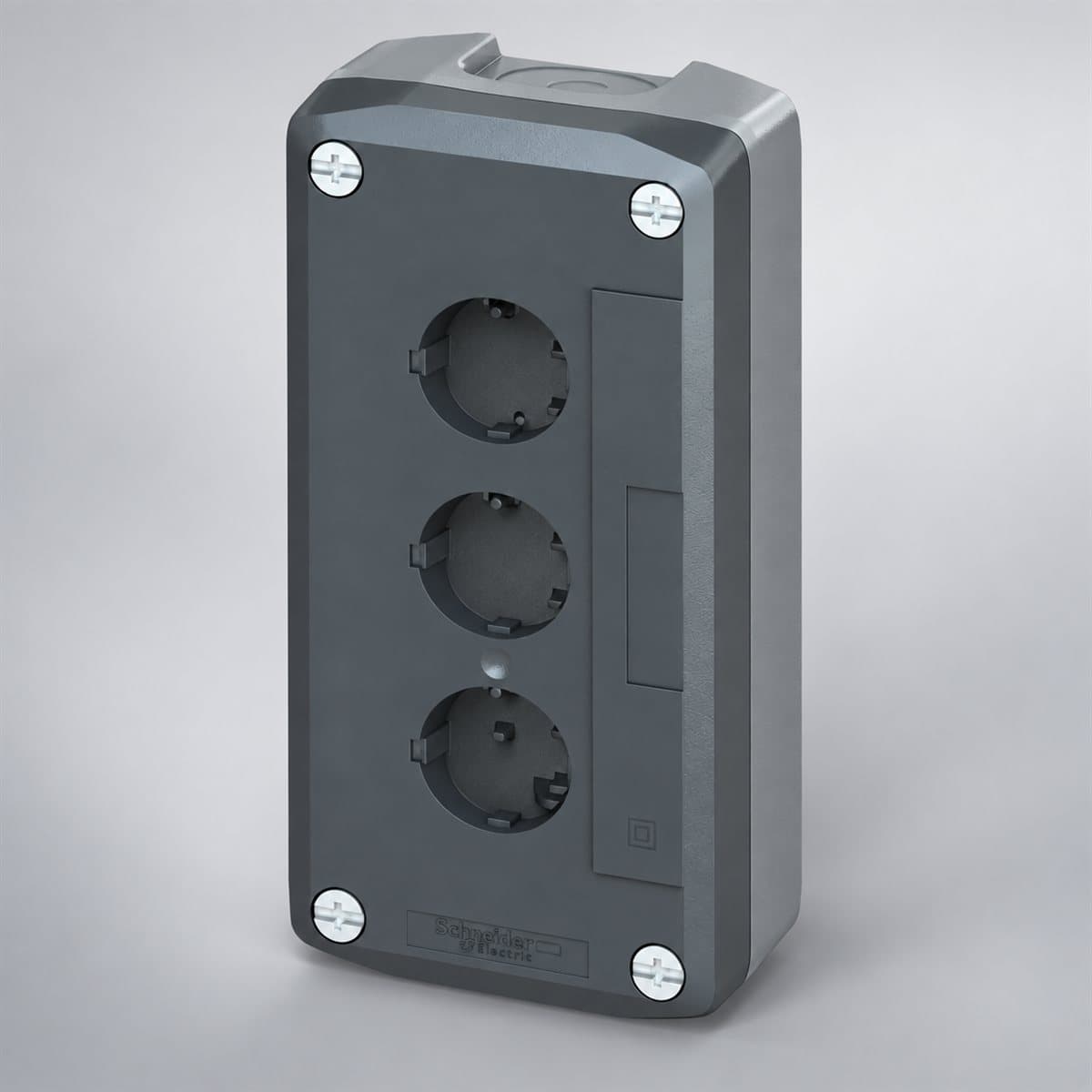 Hộp điều khiển rỗng 3 lỗ Harmony XAL Schneider chụp góc nghiêng 3/4, thấy rõ mặt và cạnh bên