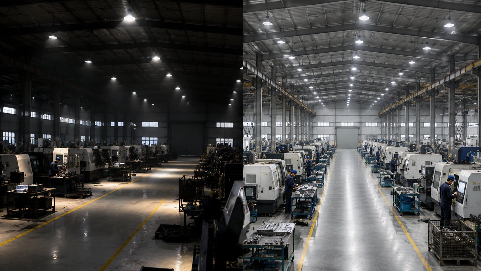 Hệ thống đèn LED Highbay trong nhà xưởng, minh họa việc lựa chọn giải pháp chiếu sáng phù hợp giúp tối ưu vận hành.