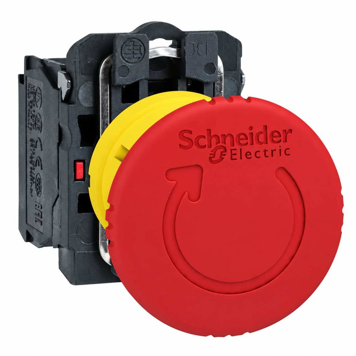 Nút dừng khẩn xoay nhả trọn bộ Harmony XB5 Schneider trên nền trắng, ảnh sản phẩm chính diện