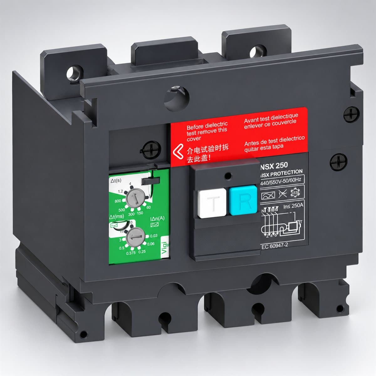 Mô-đun Vigi cho MCCB ComPacT NSX Schneider chụp góc nghiêng 3/4, thấy rõ mặt và cạnh bên