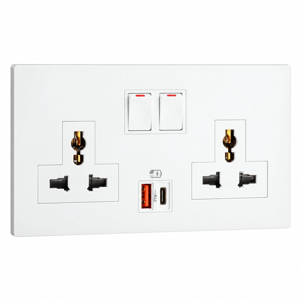 Ổ cắm đôi đa năng có công tắc và ổ sạc Type A+C Obria Legrand trên nền trắng, ảnh sản phẩm chính diện