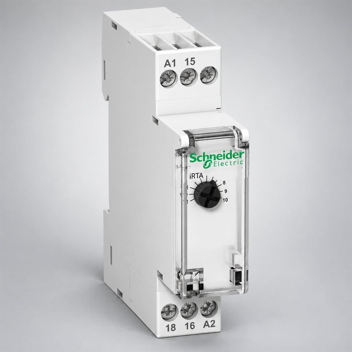Rơ le thời gian Acti9 iRT Schneider chụp góc nghiêng 3/4, thấy rõ mặt và cạnh bên