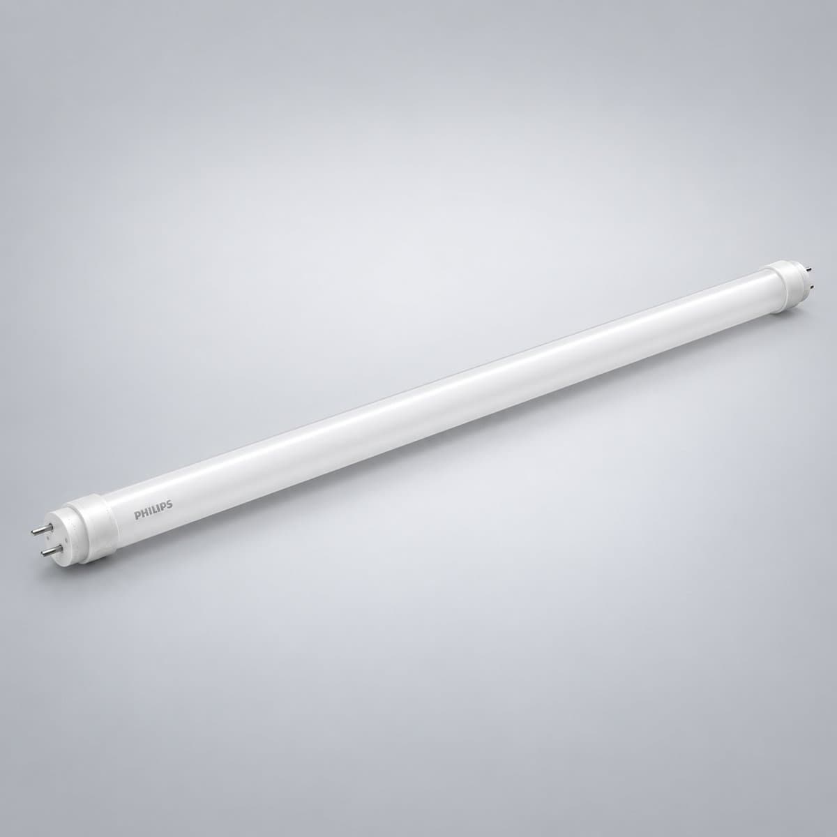 Bóng LED Tuýp DE T8 hai đầu Philips chụp góc nghiêng 3/4, thấy rõ thân và cạnh bên