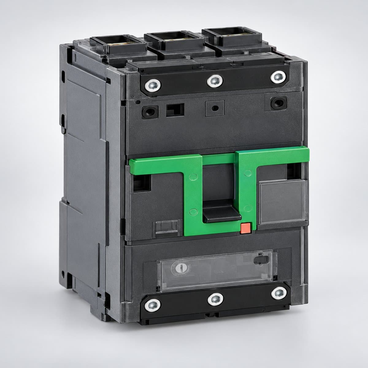 MCCB ComPacT NSXm Schneider chụp góc nghiêng 3/4, thấy rõ mặt và cạnh bên