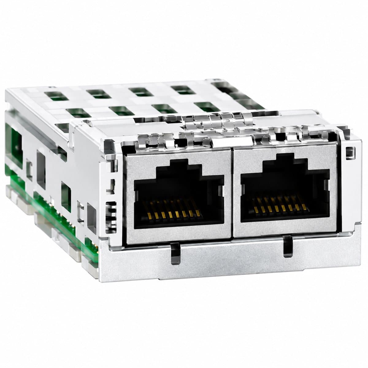 Mô-đun truyền thông Modbus TCP và EtherNet/IP cho ATV320 Schneider trên nền trắng, ảnh sản phẩm chính diện